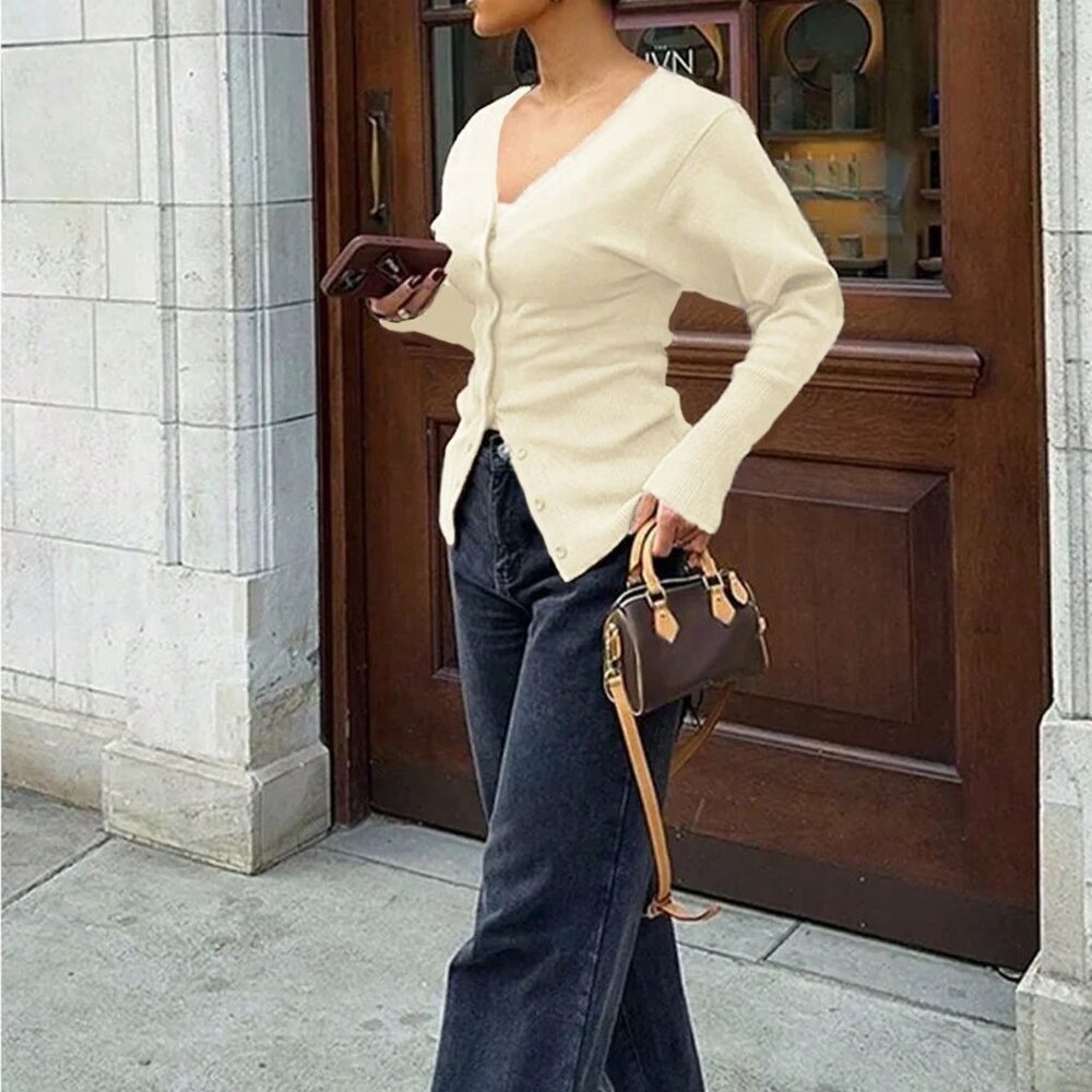 Apricot Casual Sexy Women's Deep V-Neck Cardigan - Picture 3 of 4